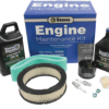 A kit with some oils and filters for engine maintenance.