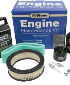 A kit with some oils and filters for engine maintenance.