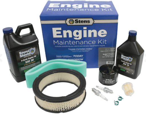 A kit with some oils and filters for engine maintenance.