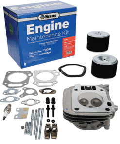 A kit with many parts and components for engine maintenance.