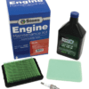 A kit with engine oil, air filter and spark plug.