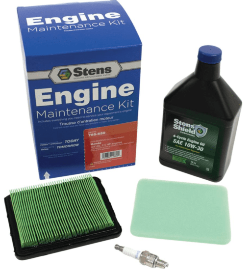 A kit with engine oil, air filter and spark plug.