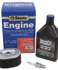 A set of engine maintenance items including an oil filter, spark plug and motor oil.