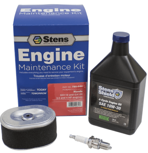 A set of engine maintenance items including an oil filter, spark plug and motor oil.