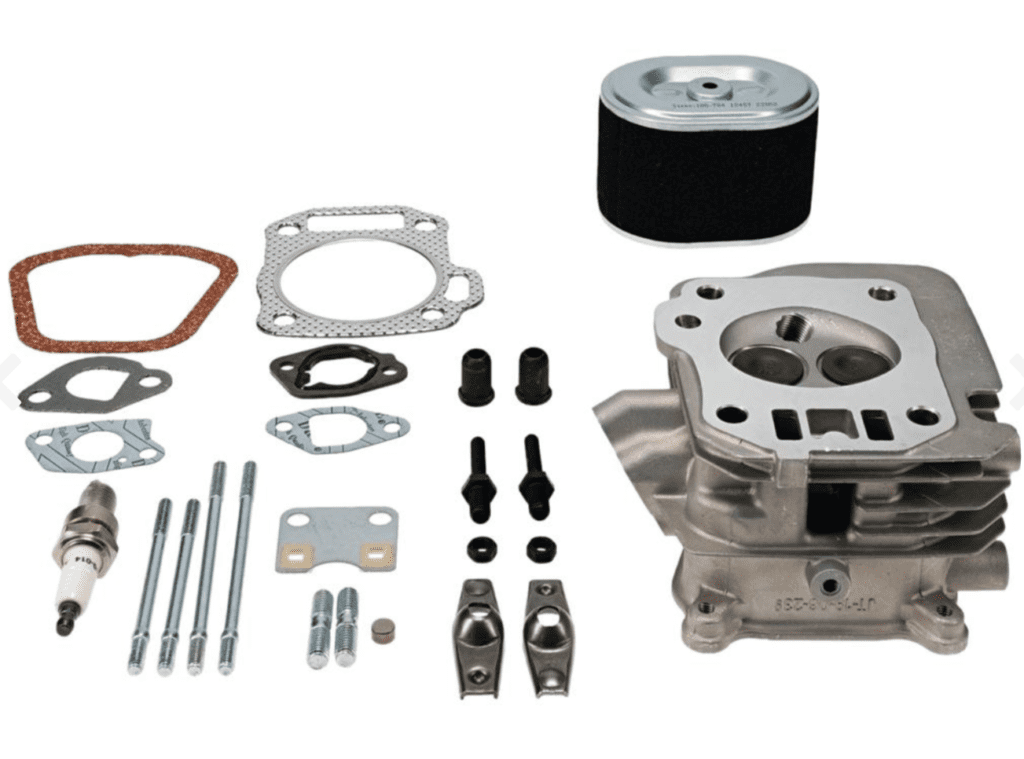 A set of parts that include the cylinder head, piston and oil filter.
