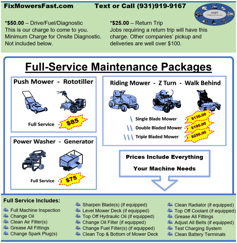 A full service maintenance package for lawn mowers.